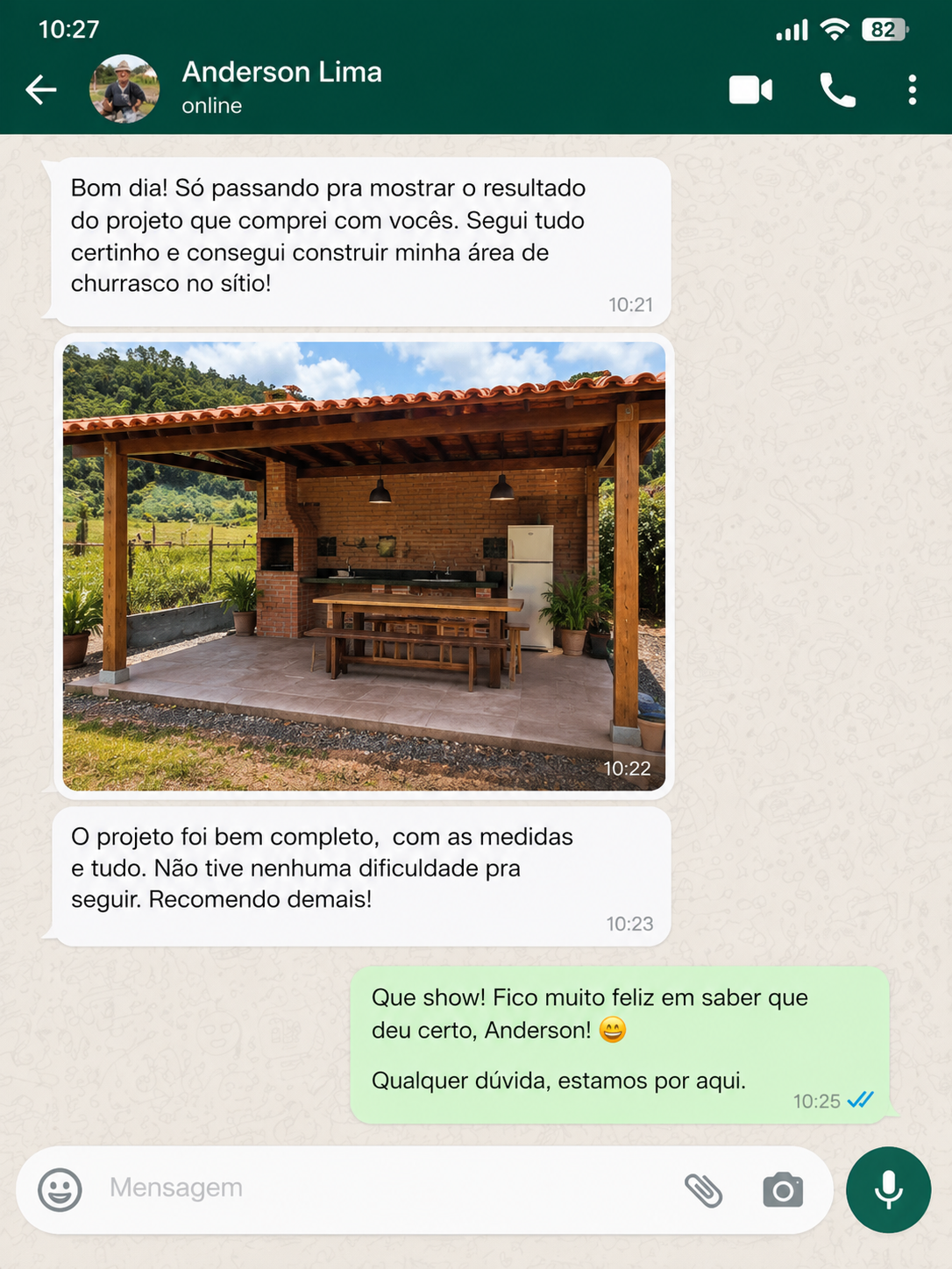 Conversa de WhatsApp com Anderson Lima mostrando a área de churrasco construída a partir do projeto