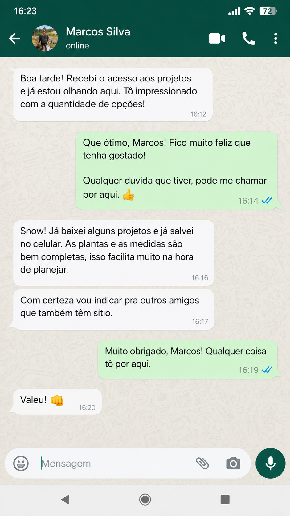 Conversa de WhatsApp com Marcos Silva impressionado com a quantidade de projetos